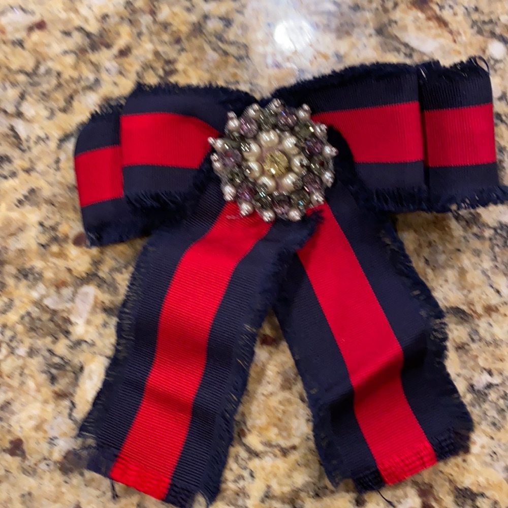 Brand NÉW Gucci Web Grosgrain Bow Brooch Ribbon Navy x Red